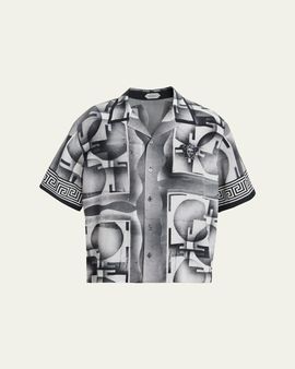 Versace Men's Silk Abstract La Greca-Trim Camp Shirt