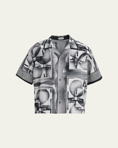 Versace Men's Silk Abstract La Greca-Trim Camp Shirt