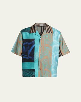Versace Men's Silk Multi-Abstract Medusa Camp Shirt