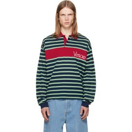 Versace Versace Blue & Green Embroidered-Logo Striped-Intarsia Cotton Polo