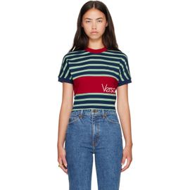 Versace Versace Blue & Red Embroidered-Logo Striped-Intarsia Cotton T-shirt