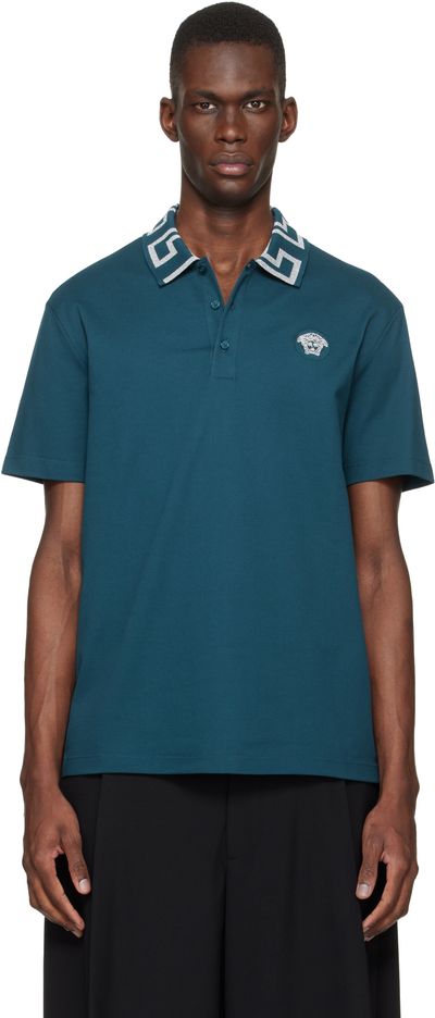 Versace Versace Blue Embroidered Cotton Piqué Polo