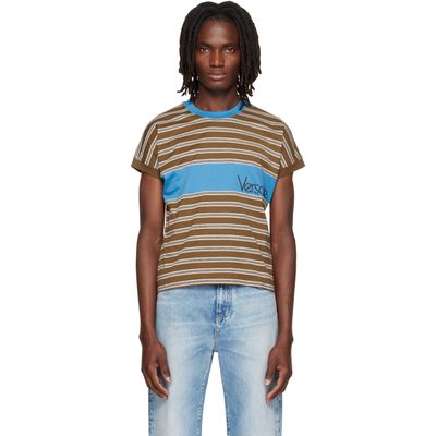 Versace Versace Brown Embroidered-Logo Striped-Intarsia Cotton T-shirt