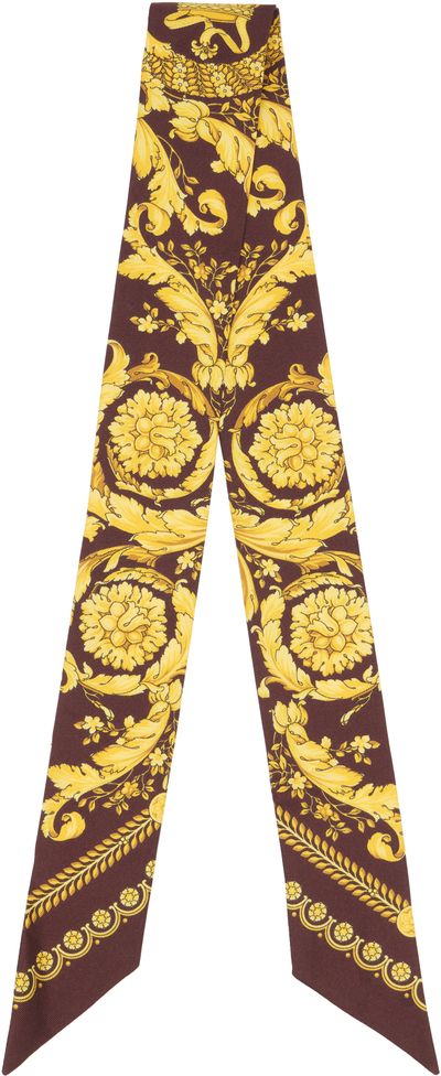 Versace Versace Burgundy & Yellow Printed Silk Twill Ribbon Scarf