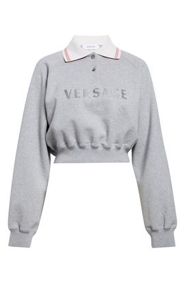 Versace Versace Embroidered Logo Greca Collar Cotton Fleece Crop Polo Sweatshirt
