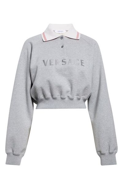Versace Versace Embroidered Logo Greca Collar Cotton Fleece Crop Polo Sweatshirt