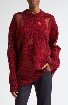 Versace Versace Leopard Jacquard Distressed Virgin Wool Blend Sweater