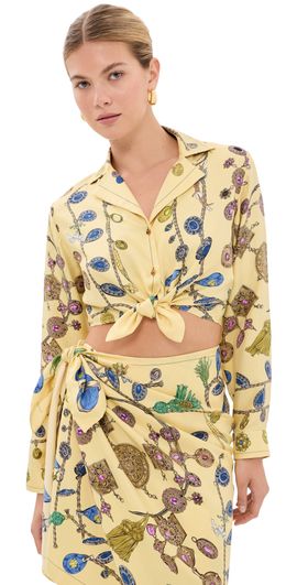 Versace Versace Printed Crop Silk Twill Shirt Burro/Azur/Gold