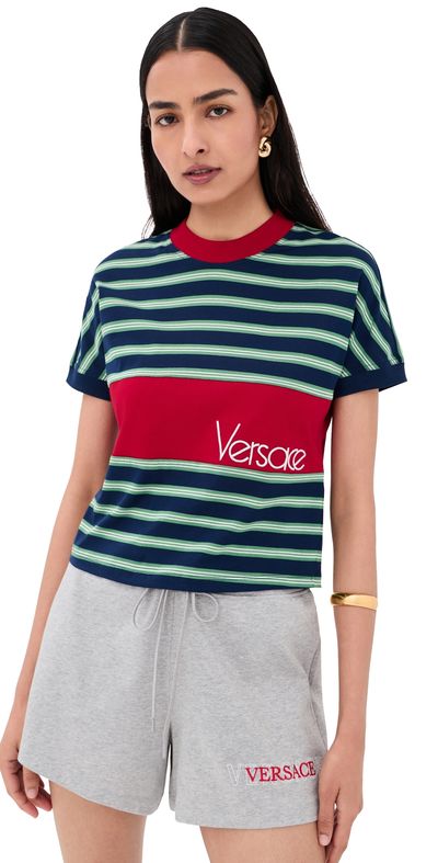 Versace Versace Striped Cotton Jersey with Intarsia Jersey Ink/Grass Green/White