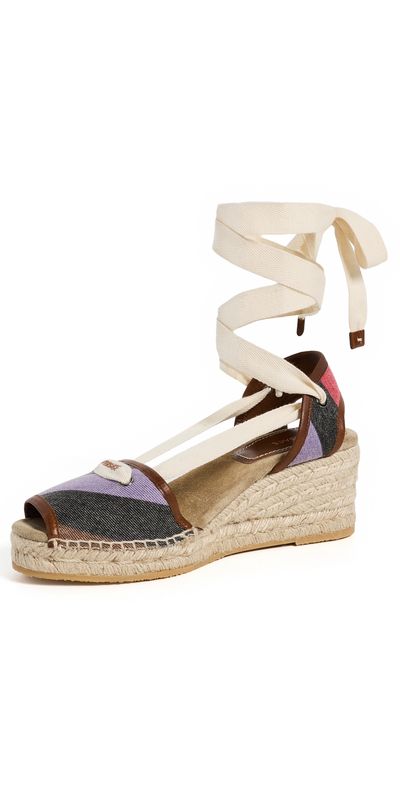 Versace Versace Twill Stripe and Calf Leather Espadrilles Bright Pink/Teal/Orange