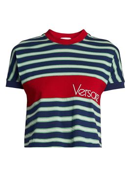 Versace Women's La Vacanza Vintage Logo Stripe Cotton T-Shirt