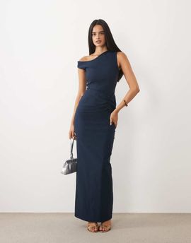 Vesper Vesper bengaline asymmetric off shoulder ruched front maxi dress in navy