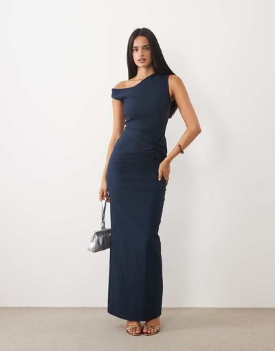 Vesper Vesper bengaline asymmetric off shoulder ruched front maxi dress in navy