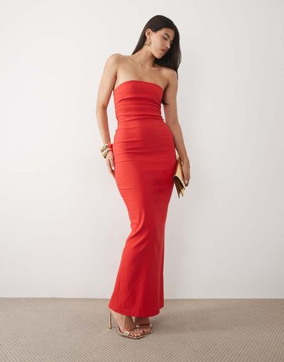 Vesper Vesper bengaline bandeau back cut out detail maxi dress in red