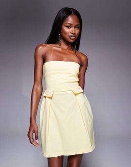 Vesper Vesper bengaline bandeau pleat front pocket detail mini dress in yellow
