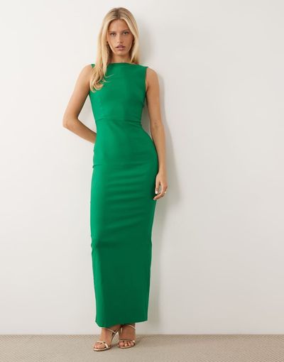 Vesper Vesper bengaline cowl back high neck maxi dress in emerald-Green