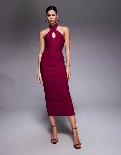 Vesper Vesper bengaline cross front halterneck keyhole detail midaxi dress in berry-pink
