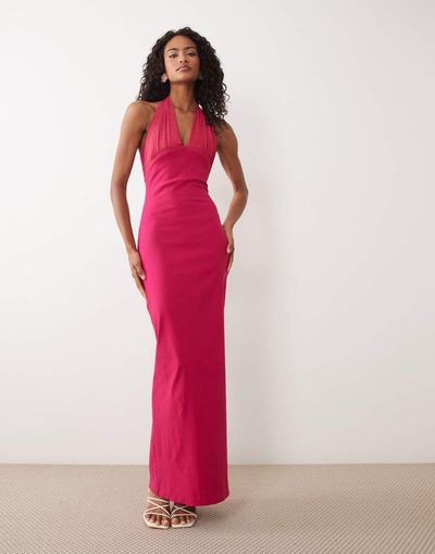 Vesper Vesper bengaline halter scoop neck maxi dress in pink