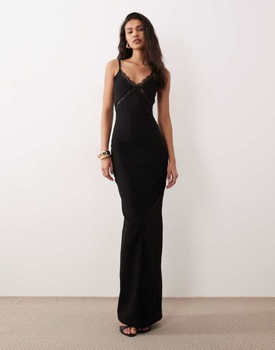 Vesper Vesper bengaline lace trim cami maxi dress in black