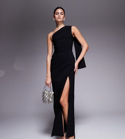 Vesper Vesper bengaline one shoulder drape detail side slit maxi dress in black