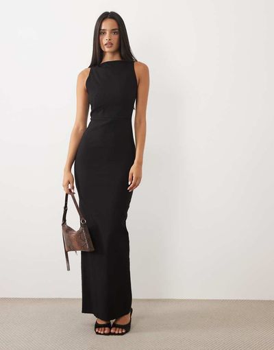 Vesper Vesper bengaline open back high neck maxi dress in black