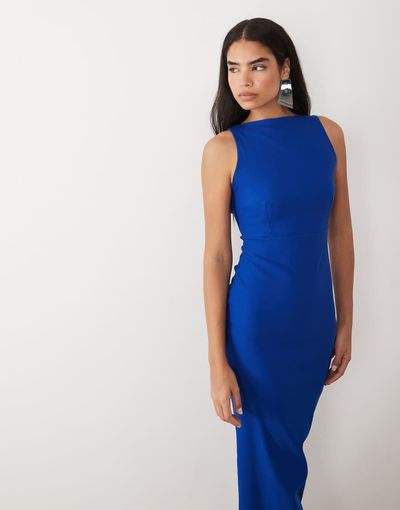 Vesper Vesper bengaline open back high neck maxi dress in cobalt-Blue