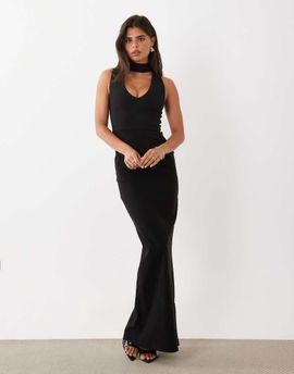 Vesper Vesper bengaline scoop maxi dress with high neck detail in black