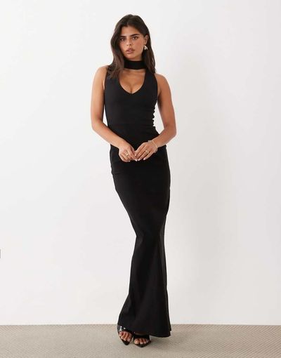 Vesper Vesper bengaline scoop maxi dress with high neck detail in black