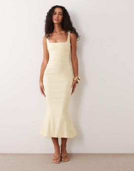Vesper Vesper bengaline sleeveless square neck fishtail midi dress in yellow