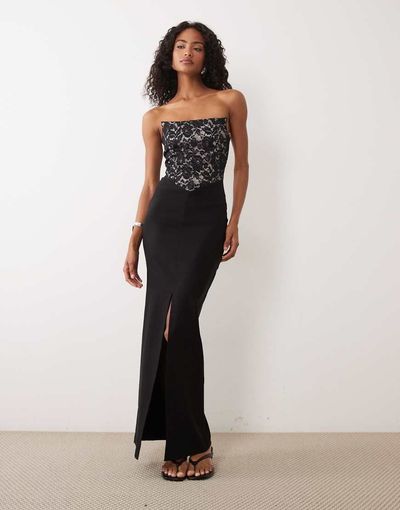 Vesper Vesper bengaline square edge bandeau maxi dress in black
