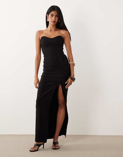 Vesper Vesper bengaline sweetheart bandeau thigh slit maxi dress in black
