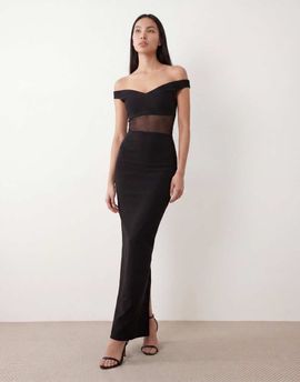 Vesper Vesper bengaline sweetheart neckline off shoulder mesh panel maxi dress in black