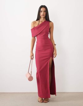 Vesper Vesper draped off the shoulder bengaline maxi dress in raspberry-pink