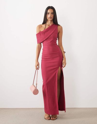 Vesper Vesper draped off the shoulder bengaline maxi dress in raspberry-pink