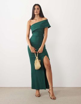 Vesper Vesper off the shoulder foldover bengaline maxi dress in dark green