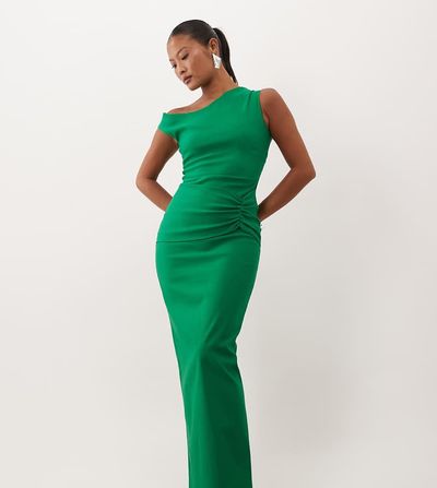 Vesper Vesper Petite bengaline off shoulder ruched front maxi dress in emerald green