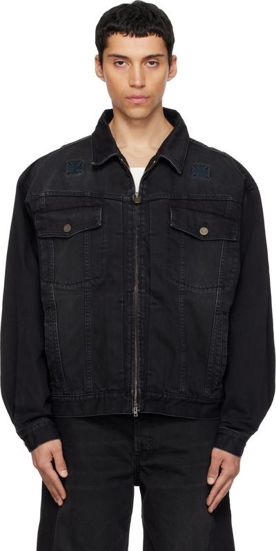 VETEMENTS VETEMENTS Black Appliqué Biker Crosses Zip Denim Jacket