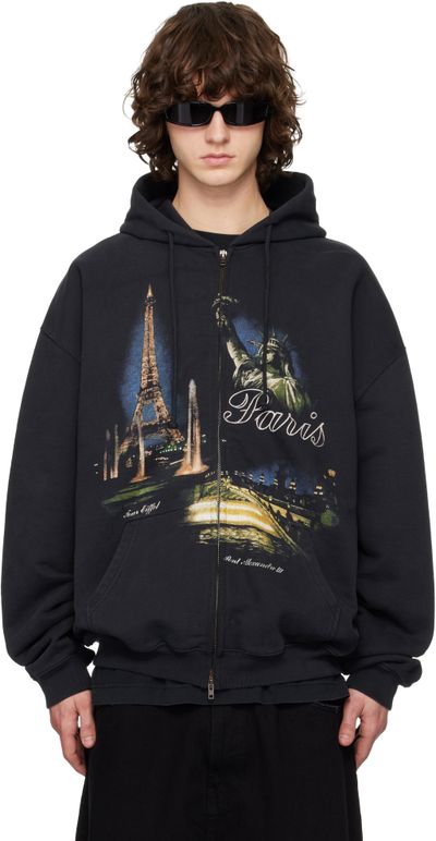 VETEMENTS VETEMENTS Black 'Paris' Tourist Zip-Up Hoodie