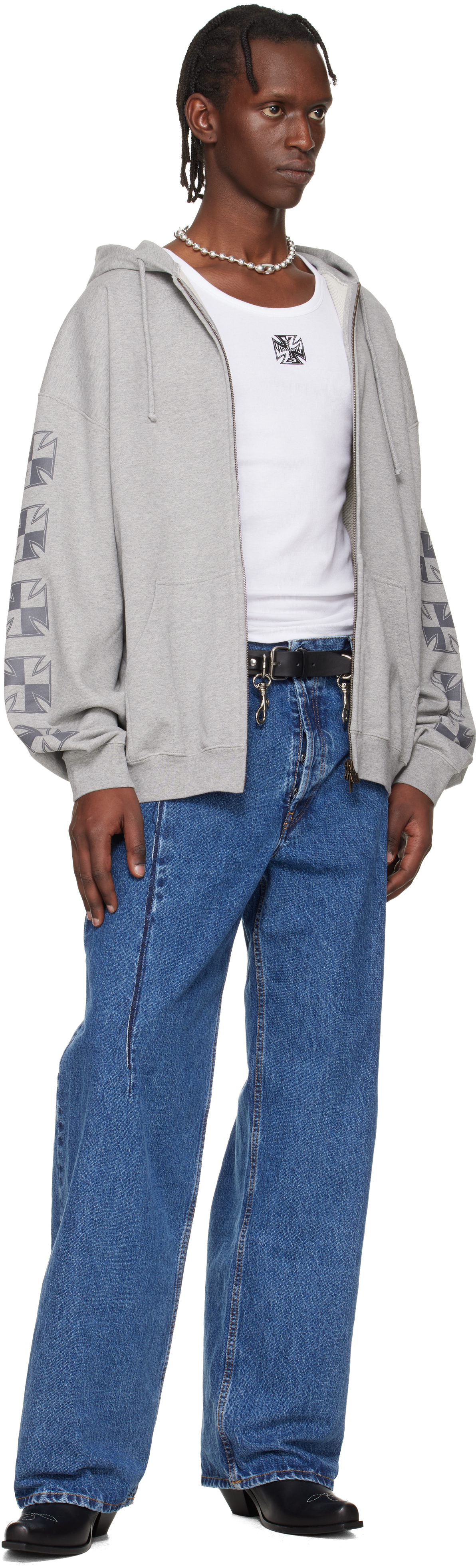 VETEMENTS - Gray Biker Cross Sleeves Zip-Up Hoodie