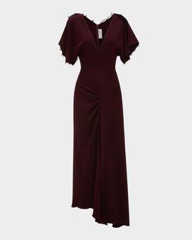 Victoria Beckham Short-Sleeve Gathered Asymmetric Midi Dress