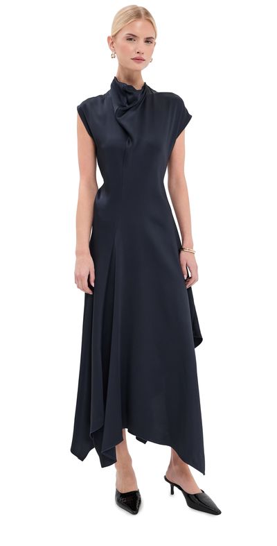 Victoria Beckham Victoria Beckham High Neck Draped Midi Dress Midnight
