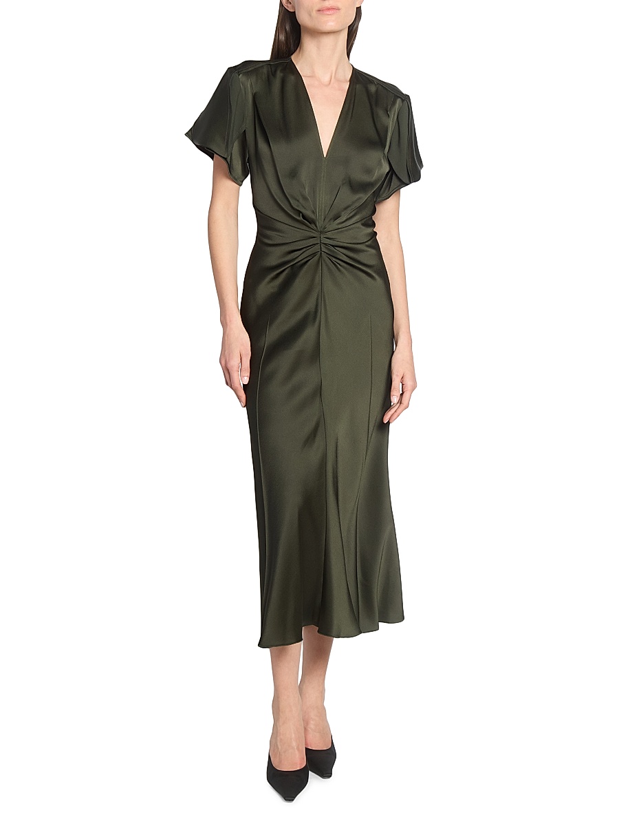 victoria beckham ruched satin midi dress women Victoria Beckham V-Neck Ruched Satin Midi Dress  On Sale Now with Up to  49% Off