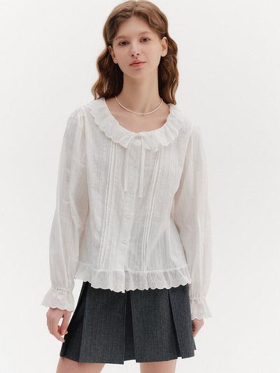 VIKI Cotton Lace Collar Ribbon Blouse (TKBAC2406)
