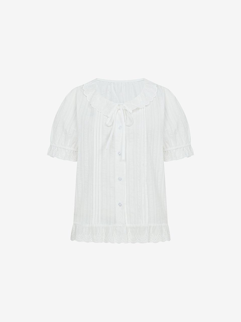 VIKI Cotton Lace Collar Ribbon Short Sleeve Blouse (TKBAF2469)