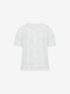 VIKI Cotton Lace Collar Ribbon Short Sleeve Blouse (TKBAF2469)