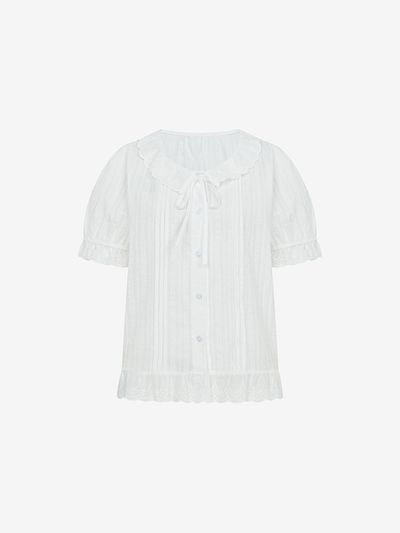 VIKI Cotton Lace Collar Ribbon Short Sleeve Blouse (TKBAF2469)