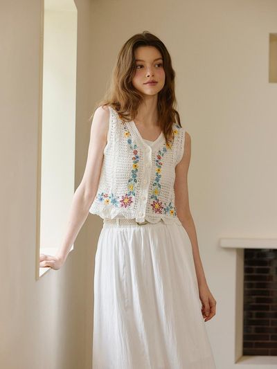 VIKI Floral Embroidered Crochet Knit Vest (TKVCE2975)