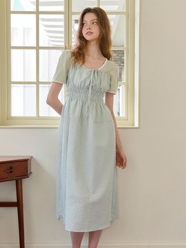 VIKI Gingham Check Smocked Bustier Dress (TKOAF2563)