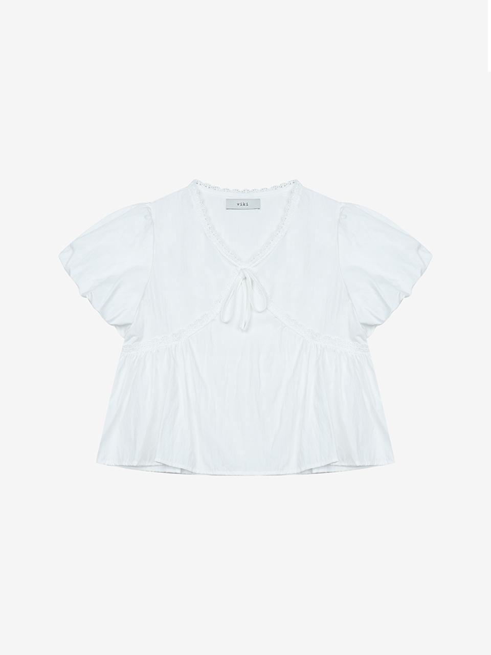 VIKI Lace Shirring Puff Short Sleeve Blouse (TKBAE2455)