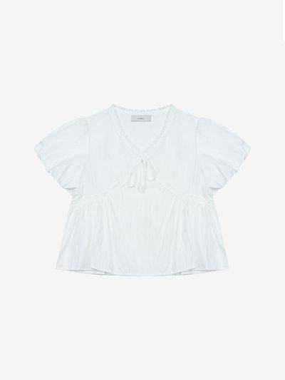 VIKI Lace Shirring Puff Short Sleeve Blouse (TKBAE2455)